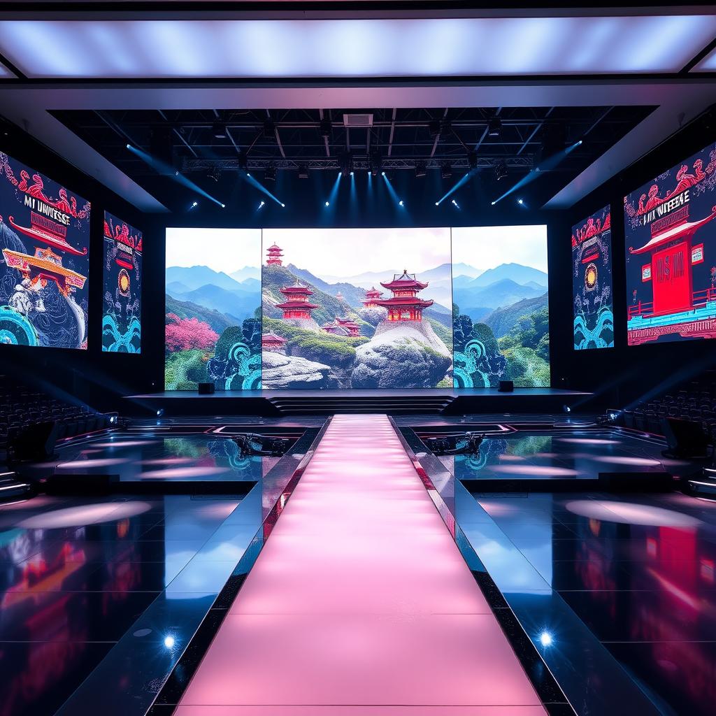 An exquisite stage for the Miss Universe pageant set in South Korea, featuring a long, glamorous runway that extends gracefully across the stage
