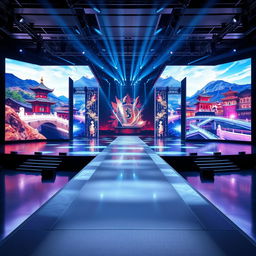 An exquisite stage for the Miss Universe pageant set in South Korea, featuring a long, glamorous runway that extends gracefully across the stage
