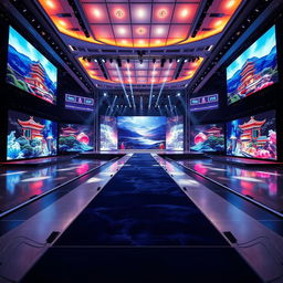 An exquisite stage for the Miss Universe pageant set in South Korea, featuring a long, glamorous runway that extends gracefully across the stage