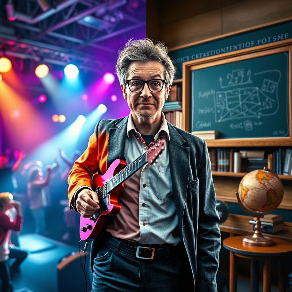 A captivating and surreal image illustrating the metamorphosis of an individual from a pop artist to a university professor
