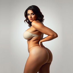 A stunningly beautiful woman with a voluptuous figure, featuring accentuated curves, prominently large breasts, and a shapely posterior