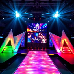 A vibrant Miss Universe stage featuring a grand central big LED screen displaying colorful graphics and visuals, flanked by two elegant risers on either side