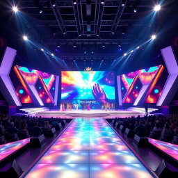 A vibrant Miss Universe stage featuring a grand central big LED screen displaying colorful graphics and visuals, flanked by two elegant risers on either side