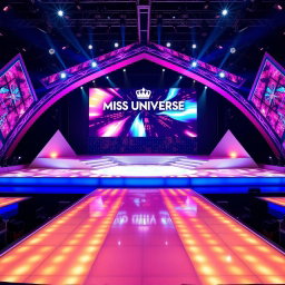 A vibrant Miss Universe stage featuring a grand central big LED screen displaying colorful graphics and visuals, flanked by two elegant risers on either side