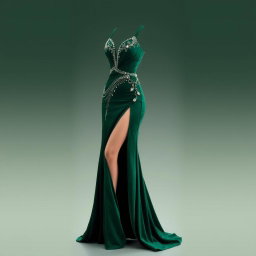 A stunning evening gown design featuring a daring thigh-high slit that adds a touch of allure