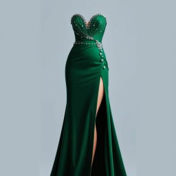 A stunning evening gown design featuring a daring thigh-high slit that adds a touch of allure