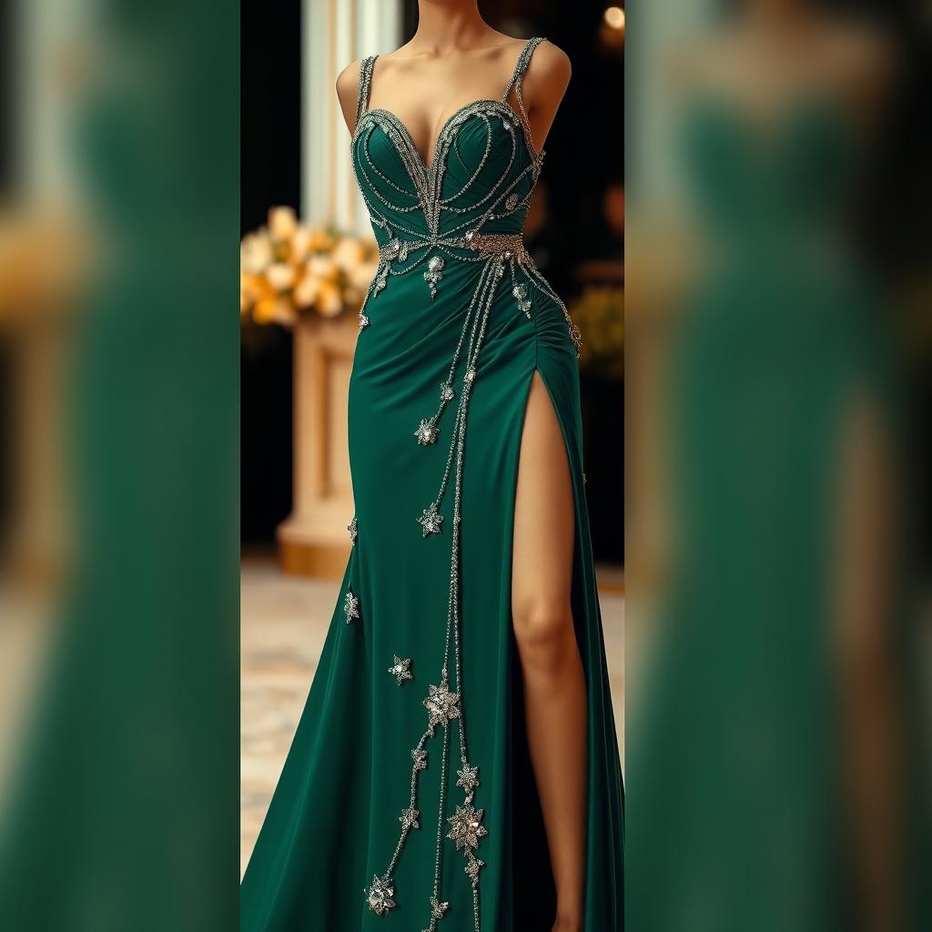 A stunning evening gown design featuring a daring thigh-high slit that adds a touch of allure