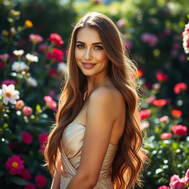 A stunning, beautiful woman with long flowing hair, wearing an elegant evening gown, standing gracefully in a lush garden filled with blooming flowers