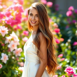 A stunning, beautiful woman with long flowing hair, wearing an elegant evening gown, standing gracefully in a lush garden filled with blooming flowers