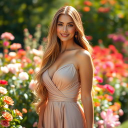 A stunning, beautiful woman with long flowing hair, wearing an elegant evening gown, standing gracefully in a lush garden filled with blooming flowers
