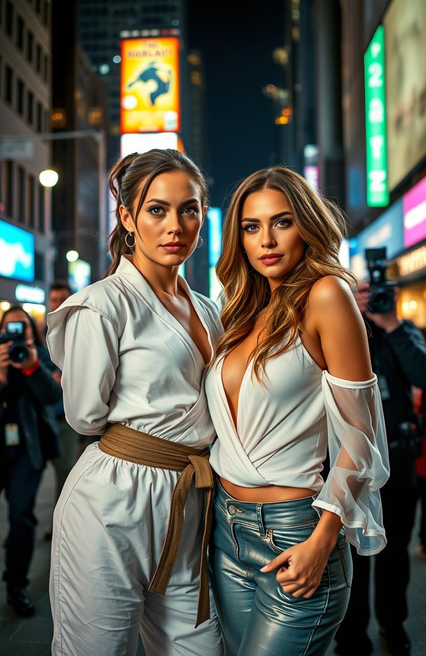 An ordinary woman skilled in martial arts, standing confidently next to a beautiful celebrity she is protecting
