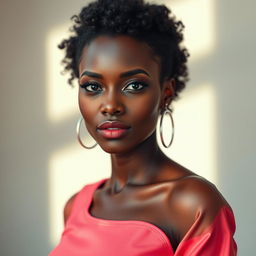 A stunning portrait of a beautiful black woman with radiant skin and elegant features, exuding confidence and grace
