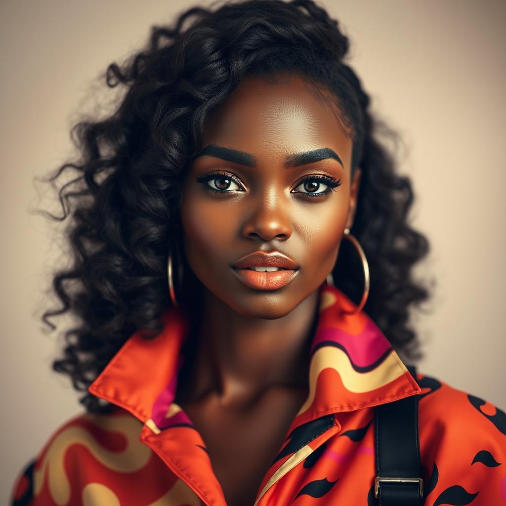A stunning portrait of a beautiful black woman with radiant skin and elegant features, exuding confidence and grace