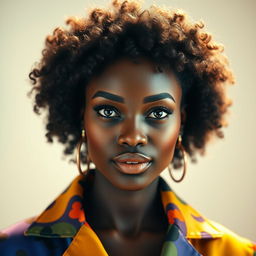 A stunning portrait of a beautiful black woman with radiant skin and elegant features, exuding confidence and grace