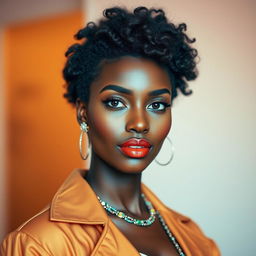 A stunning portrait of a beautiful black woman with radiant skin and elegant features, exuding confidence and grace