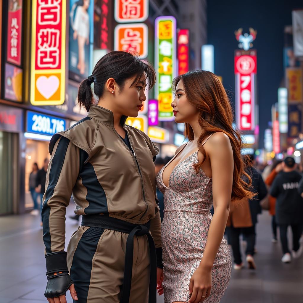 A South Korean woman, an ordinary yet skilled martial artist, stands protectively beside a stunningly beautiful celebrity she is assigned to guard