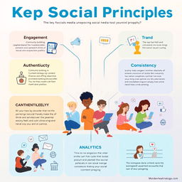 A visually engaging infographic illustrating key social media principles and practices