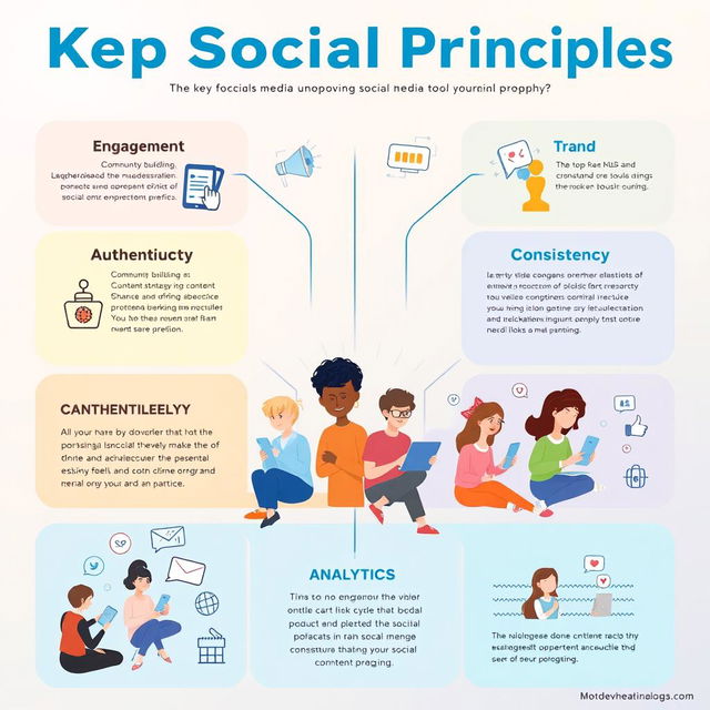 A visually engaging infographic illustrating key social media principles and practices