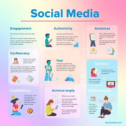A visually engaging infographic illustrating key social media principles and practices