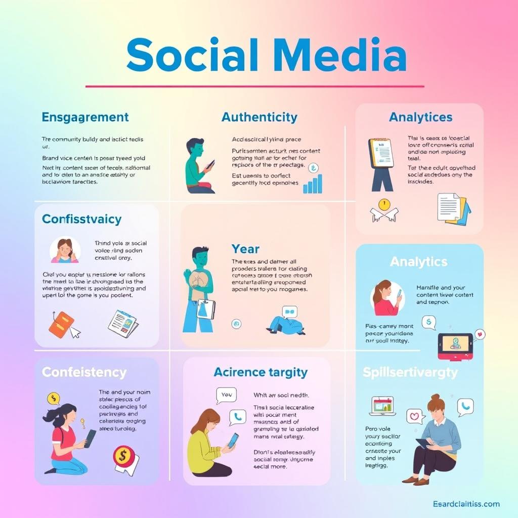 A visually engaging infographic illustrating key social media principles and practices