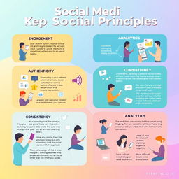 A visually engaging infographic illustrating key social media principles and practices