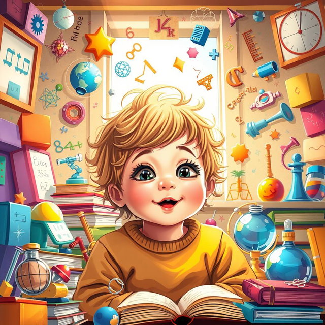 A vibrant and inspiring illustration depicting a young child surrounded by symbols of superintelligence and creativity, such as books, various scientific instruments, mathematical equations, and artworks