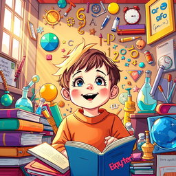 A vibrant and inspiring illustration depicting a young child surrounded by symbols of superintelligence and creativity, such as books, various scientific instruments, mathematical equations, and artworks