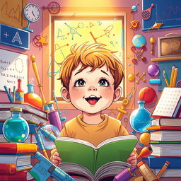 A vibrant and inspiring illustration depicting a young child surrounded by symbols of superintelligence and creativity, such as books, various scientific instruments, mathematical equations, and artworks