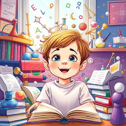 A vibrant and inspiring illustration depicting a young child surrounded by symbols of superintelligence and creativity, such as books, various scientific instruments, mathematical equations, and artworks
