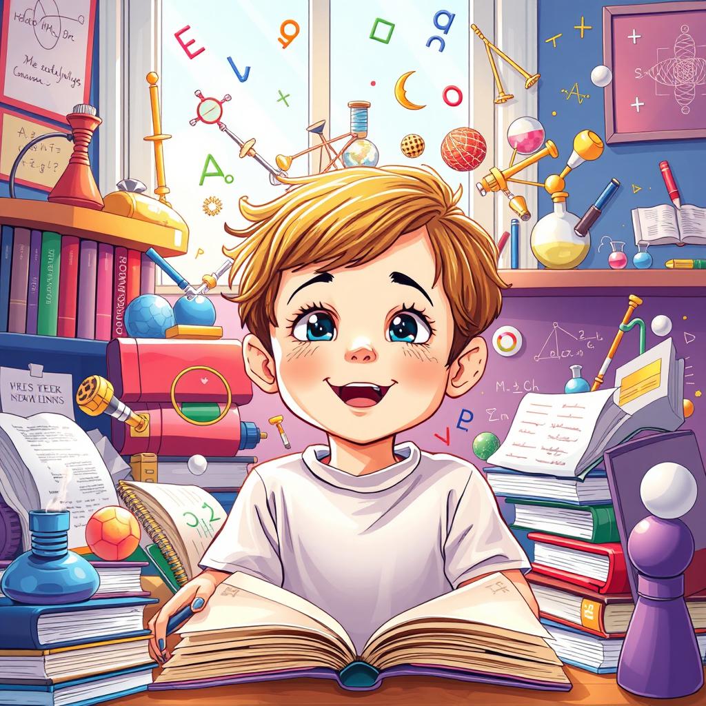 A vibrant and inspiring illustration depicting a young child surrounded by symbols of superintelligence and creativity, such as books, various scientific instruments, mathematical equations, and artworks