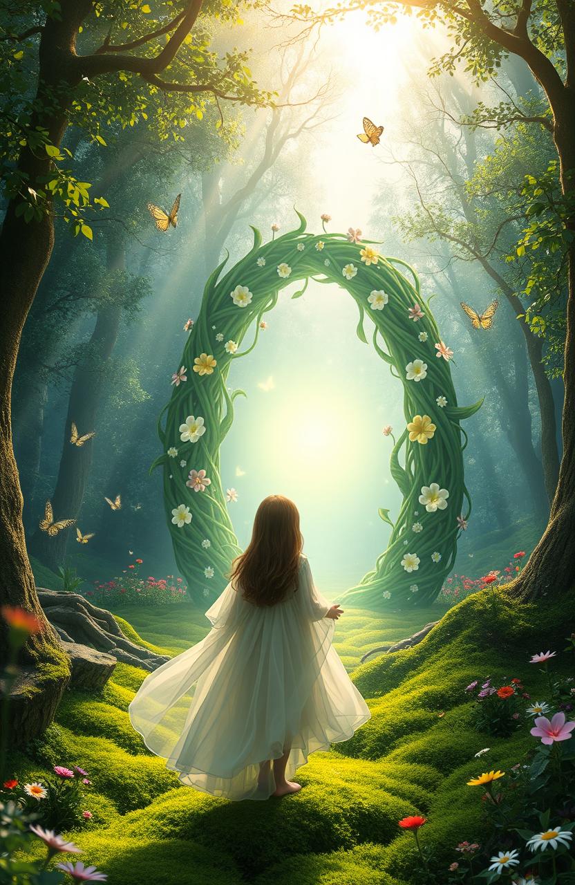 A mystical fairy tale scene set in a lush, enchanted forest