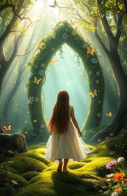A mystical fairy tale scene set in a lush, enchanted forest