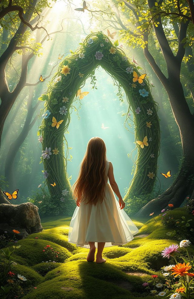 A mystical fairy tale scene set in a lush, enchanted forest