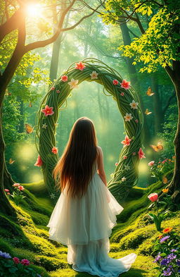 A mystical fairy tale scene set in a lush, enchanted forest