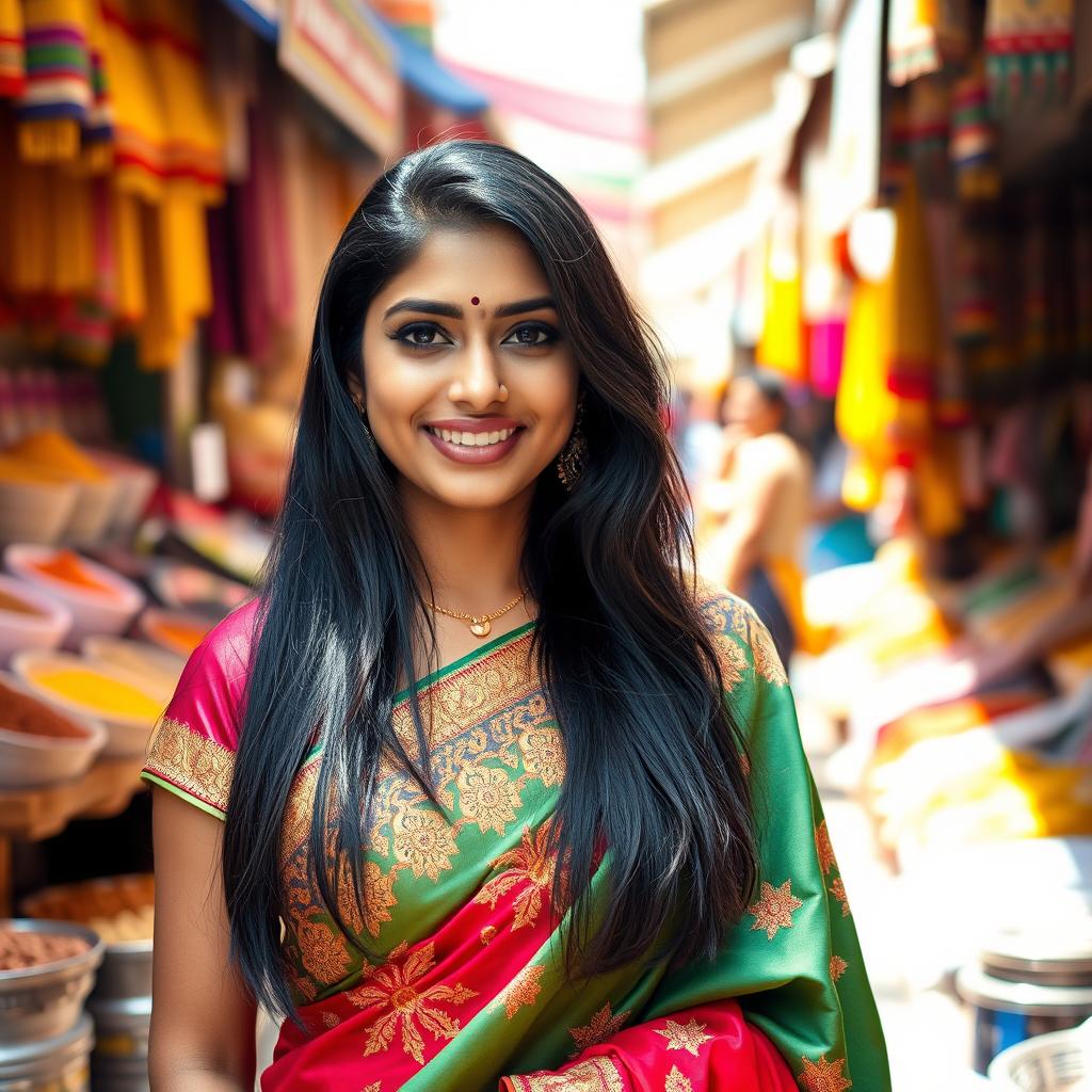 A stunning Indian woman with long black hair and deep brown eyes, wearing a vibrant traditional saree decorated with intricate gold embroidery