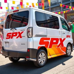White Daihatsu Grandmax featuring bold and bright SPX branding, showcasing a striking combination of vibrant colors such as red, orange, and yellow against the white body of the vehicle
