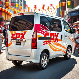 White Daihatsu Grandmax featuring bold and bright SPX branding, showcasing a striking combination of vibrant colors such as red, orange, and yellow against the white body of the vehicle