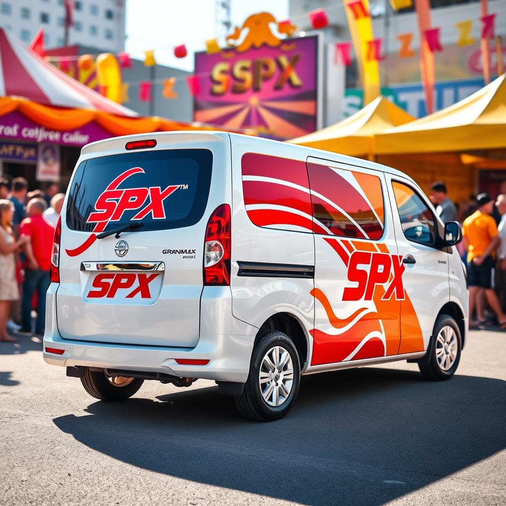 White Daihatsu Grandmax featuring bold and bright SPX branding, showcasing a striking combination of vibrant colors such as red, orange, and yellow against the white body of the vehicle