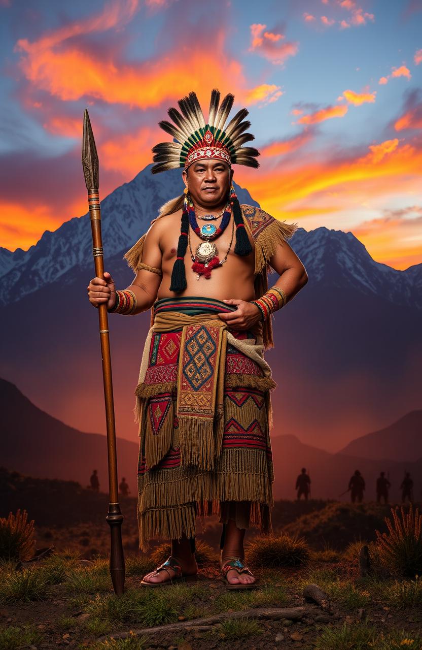 A powerful and dramatic scene depicting the heroic indigenous figure Rumiñahui standing boldly in front of a backdrop of the majestic Andes mountains