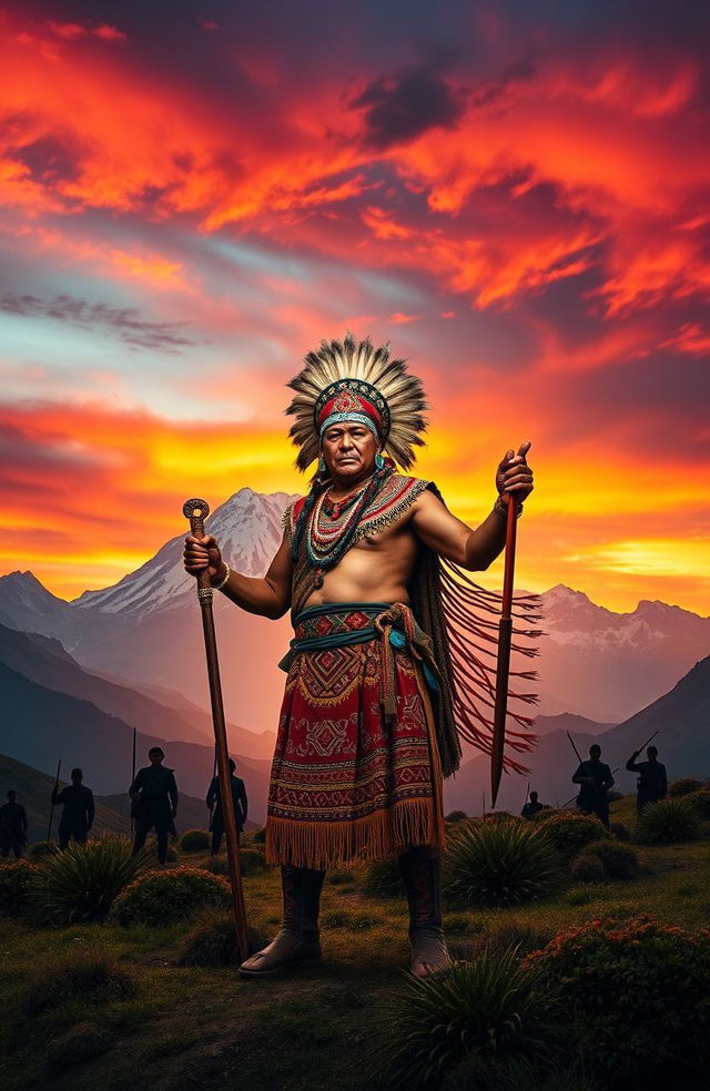 A powerful and dramatic scene depicting the heroic indigenous figure Rumiñahui standing boldly in front of a backdrop of the majestic Andes mountains