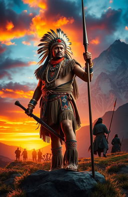 A powerful and dramatic scene depicting the heroic indigenous figure Rumiñahui standing boldly in front of a backdrop of the majestic Andes mountains