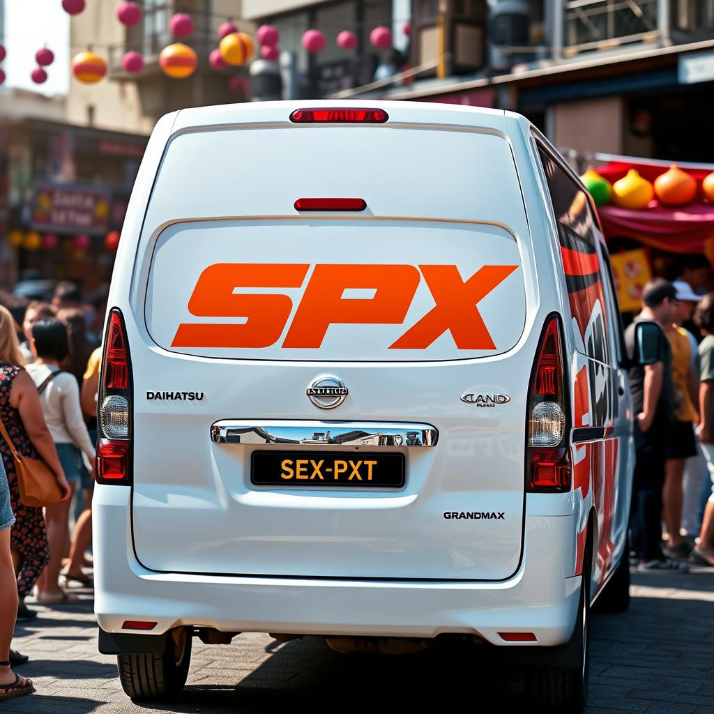 White Daihatsu Grandmax featuring bold and bright orange SPX branding, prominently displayed on the sides and rear of the vehicle