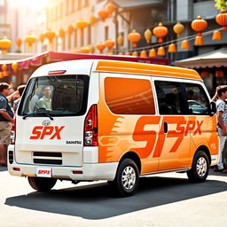 White Daihatsu Grandmax featuring bold and bright orange SPX branding, prominently displayed on the sides and rear of the vehicle