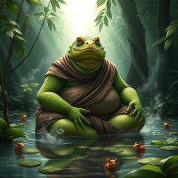 An obese lizardfolk monk, with vibrant green scaly skin and bright yellow eyes, sitting cross-legged in a tranquil bog surrounded by lush vegetation
