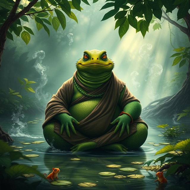 An obese lizardfolk monk, with vibrant green scaly skin and bright yellow eyes, sitting cross-legged in a tranquil bog surrounded by lush vegetation