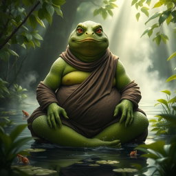 An obese lizardfolk monk, with vibrant green scaly skin and bright yellow eyes, sitting cross-legged in a tranquil bog surrounded by lush vegetation