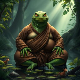 An obese lizardfolk monk, with vibrant green scaly skin and bright yellow eyes, sitting cross-legged in a tranquil bog surrounded by lush vegetation