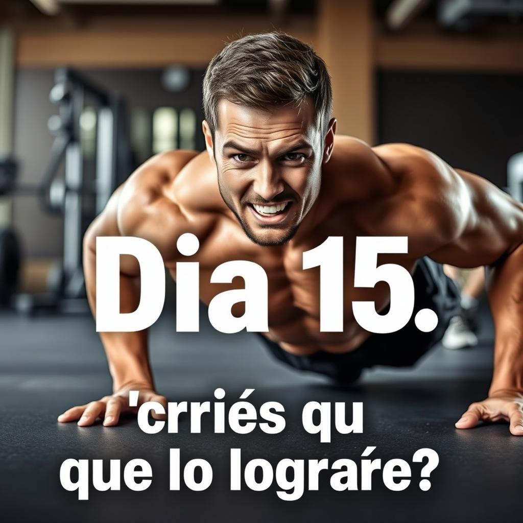 A motivational image of a determined man doing push-ups on a gym floor