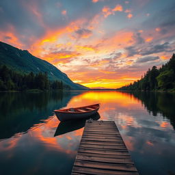 A serene landscape featuring a tranquil lake surrounded by lush green trees and majestic mountains in the background