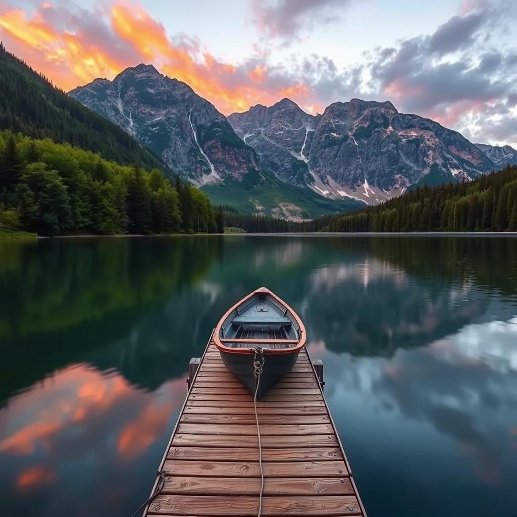 A serene landscape featuring a tranquil lake surrounded by lush green trees and majestic mountains in the background